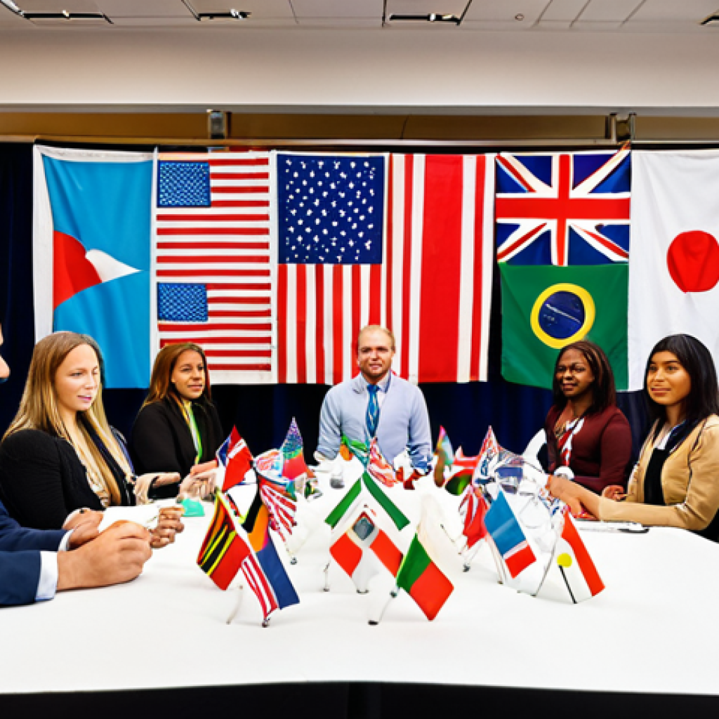 ** A diverse group of international counselors networking at a conference, showcasing collaboration and cultural exchange in the field of addiction counseling. Include flags or landmarks representing different countries in the background.

**