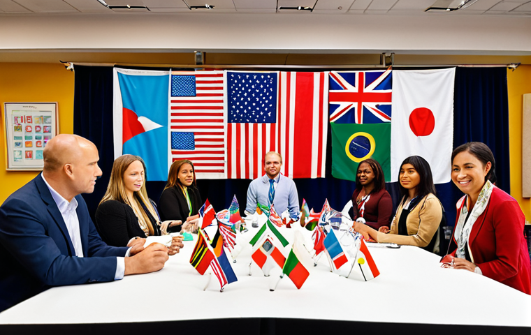 ** A diverse group of international counselors networking at a conference, showcasing collaboration and cultural exchange in the field of addiction counseling. Include flags or landmarks representing different countries in the background.

**