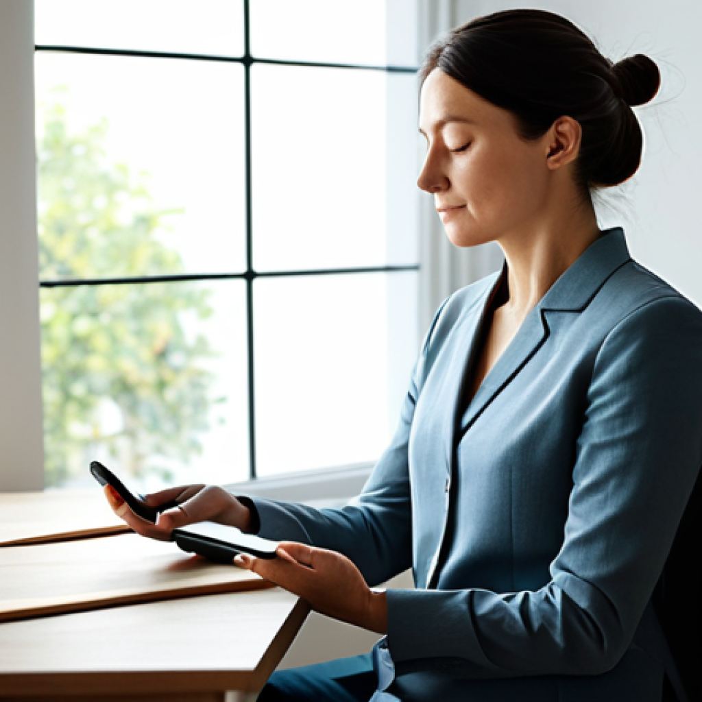A professional mental health counselor, female, mid-30s, in modest, comfortable yet professional attire. She sits calmly with eyes gently closed, meditating in a serene, minimalist home office or a quiet corner with a large window, bathed in soft, natural light. A smartphone is placed face down on a table beside her, symbolizing a digital detox. safe for work, appropriate content, fully clothed, professional, perfect anatomy, correct proportions, natural pose, well-formed hands, proper finger count, natural body proportions, high-quality professional photography, soft focus, ambient lighting.