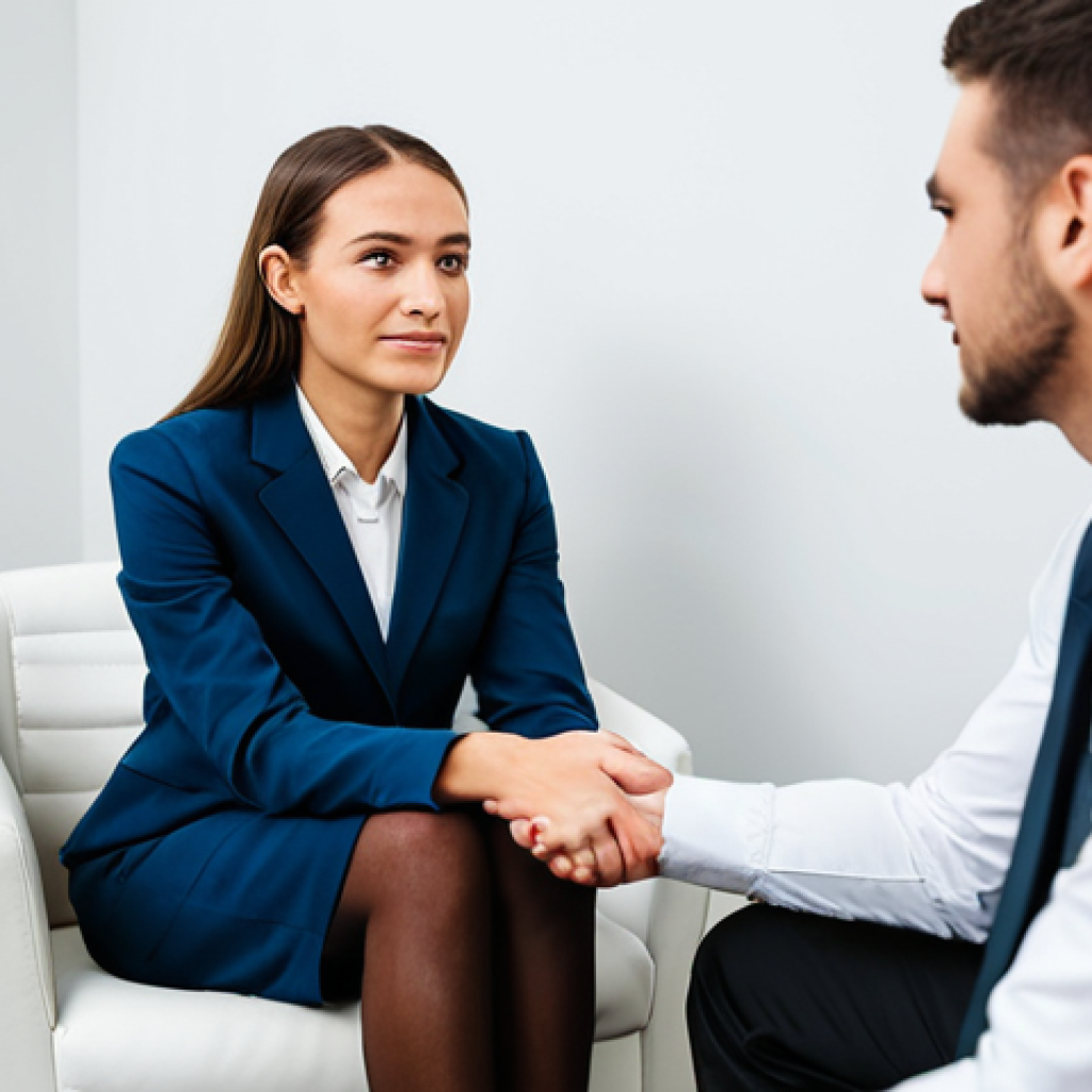 A compassionate addiction counselor, wearing professional business attire, calmly engages with a young adult client in a well-lit, modern counseling office. The client, fully clothed in modest everyday wear, sits opposite the counselor, expressing emotions with a natural pose. The counselor's expression is empathetic and supportive, fostering a safe and appropriate content environment. The background shows soft, ambient lighting and minimalist decor. Perfect anatomy, correct proportions, well-formed hands, and natural body proportions are essential. The image should convey professionalism, safe for work, and family-friendly, ensuring fully clothed subjects and appropriate attire. High-quality professional photography.