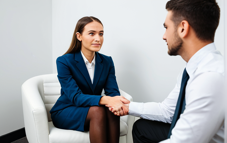 A compassionate addiction counselor, wearing professional business attire, calmly engages with a young adult client in a well-lit, modern counseling office. The client, fully clothed in modest everyday wear, sits opposite the counselor, expressing emotions with a natural pose. The counselor's expression is empathetic and supportive, fostering a safe and appropriate content environment. The background shows soft, ambient lighting and minimalist decor. Perfect anatomy, correct proportions, well-formed hands, and natural body proportions are essential. The image should convey professionalism, safe for work, and family-friendly, ensuring fully clothed subjects and appropriate attire. High-quality professional photography.