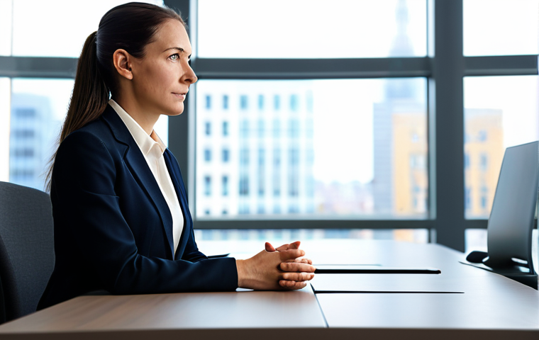 A professional female counselor, fully clothed in a modest, dark business suit, is seated across a polished modern conference table, attentively listening to a client. She maintains a calm, empathetic expression with direct eye contact, hands clasped gently on the table. The background shows a contemporary office with blurred city views outside a large window. The scene embodies sincere listening and emotional intelligence, portraying a professional, family-friendly, appropriate content image. Perfect anatomy, correct proportions, natural pose, well-formed hands, proper finger count, natural body proportions, safe for work, high quality professional photography.