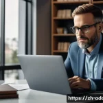 중독상담사로서의 자기계발 노하우 - A professional addiction counselor in a modern office setting, thoughtfully reviewing a digital clie...