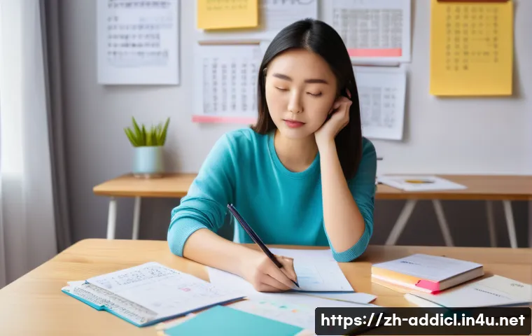 중독상담사 실기 시험 대비 전략 - A modern study scene featuring a young Asian adult woman in casual clothing, sitting at a tidy desk ...
