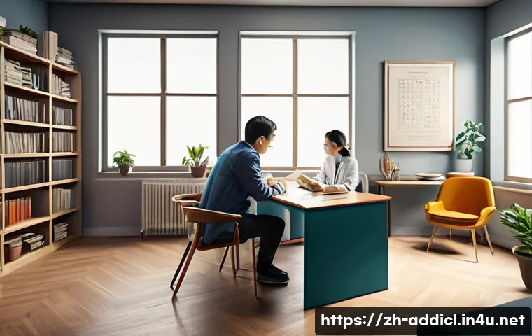 중독상담사로서 성장하기 위한 독서 목록 - A detailed, modern illustration of a professional addiction counselor&rsquo;s workspace with multiple open...