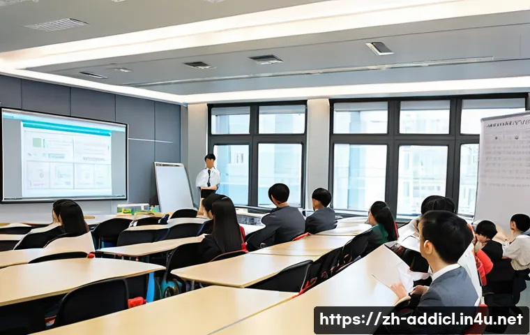 중독상담사 자격증 학원 선택 팁 - A modern, bright classroom setting inside a certified training institute in China, featuring a diver...