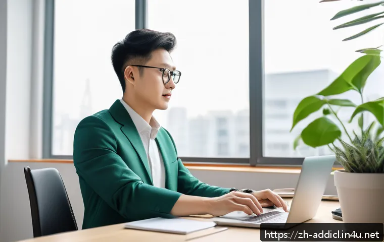 중독상담사로서 스트레스 관리법 - A modern, bright office workspace featuring a tidy desk with a laptop, a small green potted plant, a...