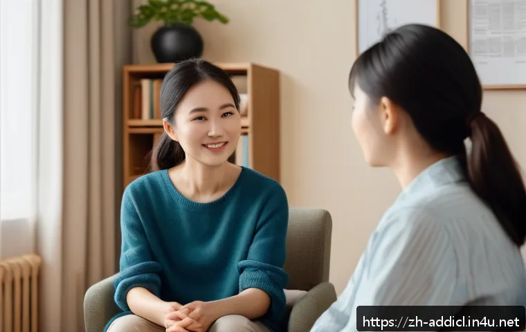중독상담사 초보자를 위한 Q A - A warm, inviting counseling room scene with a professional therapist and a client sitting comfortabl...